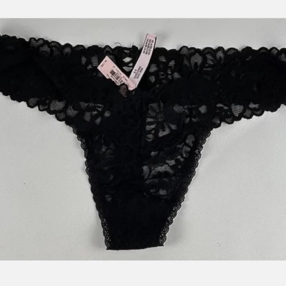 NWT Victorias Secret Black Lace Thong Panties Sz L Gusset Back